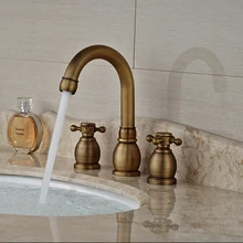 Antique Brass Dual Handle Basin Faucet Widespread 3 Hole Bathroom Mixer Taps Deck Mount
