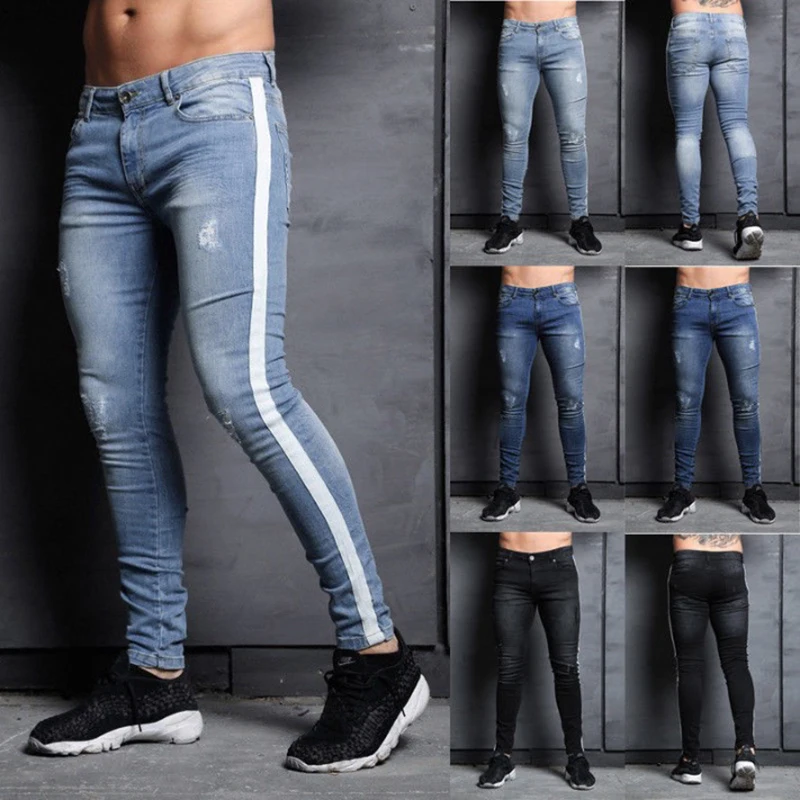 Men ripped hole denim Jeans Slim men's striped Jeans Hip hop Skinny pencil Jeans For Men high street stretch zipper jeans men