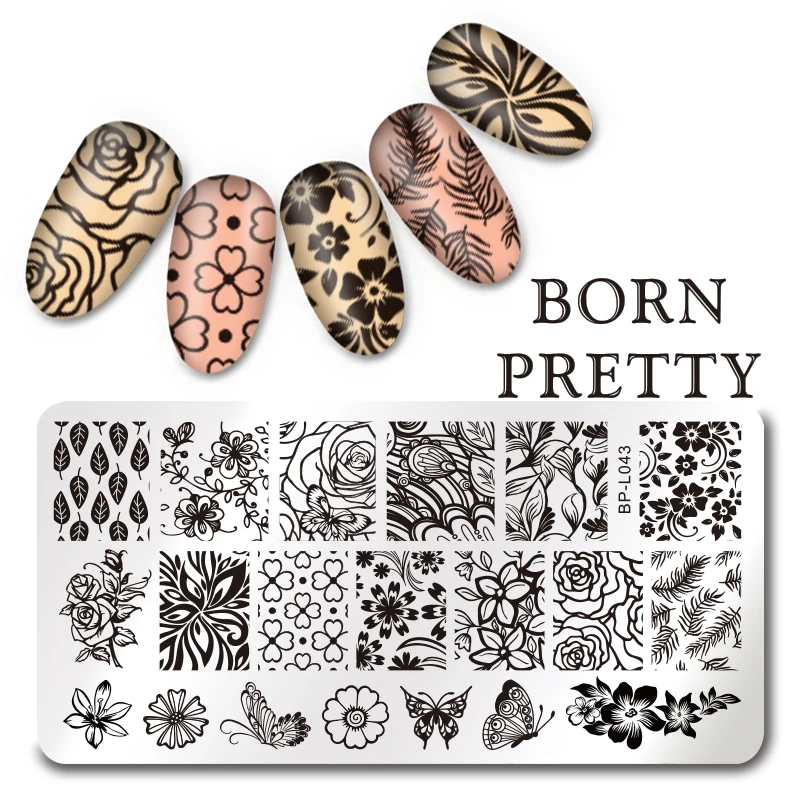 

BORN PRETTY Flower Butterfly Nail Art Stamping Template 12*6cm Rectangle Stamp Image Plate L043