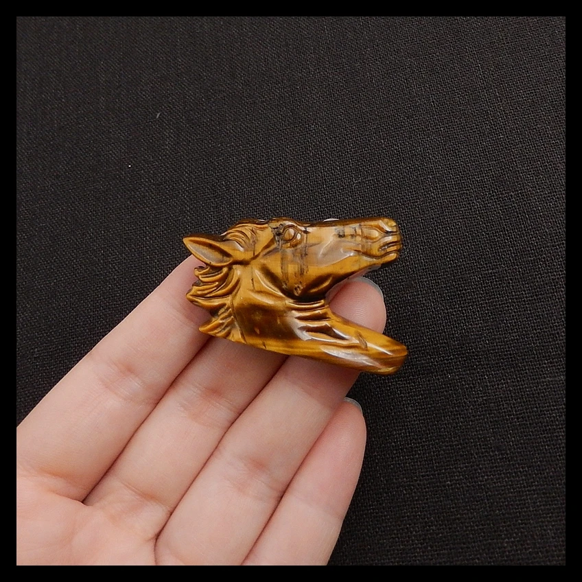 

Precious stone Tiger eye carved animal Horse cabochon semiprecious 42x29x8mm 16.6g