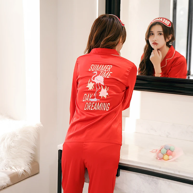 

Send Eye Mask WAVMIT New Women Pyjamas Silk Long Tops Set Female Pajamas Set NightSuit Sleepwear Sets Long Pant Women Nightwear