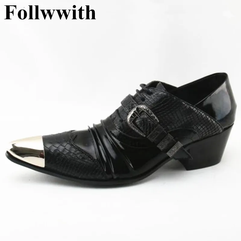 

2018 Follwwith Buckle Low Heel Men Dress Shoes Business Pointed Toe Metal Patchwork Alligator Patent Leather Men Shoes Snakeskin