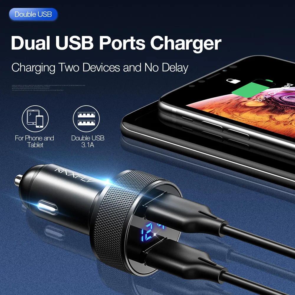 Универсальное автомобильное зарядное устройство RAXFLY 3.1A с двумя портами USB для