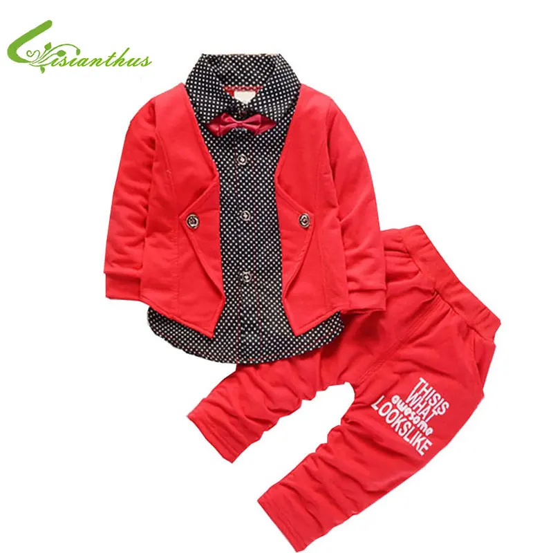 

2017 New Gentleman Baby Boys Clothing Set Children Spring Autumn Bow Coat + Pants Fake Three-Piece Suit Kids Clothes Suit