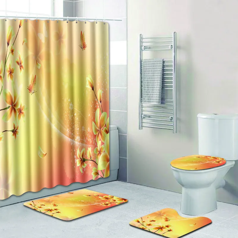 

Shower Curtain Set 4pcs Fantasy Flowers Waterproof Bathroom Mat Toilet Accessories Carpet Bath Mats Best Selling 2018 Products