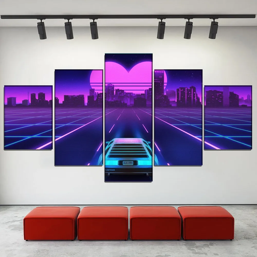 

Wall Art Canvas Painting Printed Heart-Shaped Neon City Retro Wave Car Pictures Home Decoration Modular Poster For Living Room