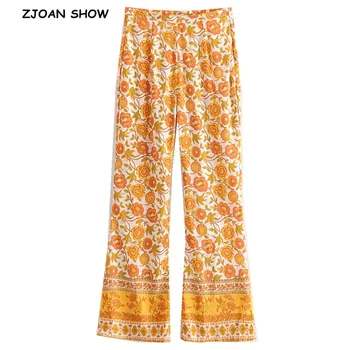 

2019 Bohemian Orange Yellow Flower print Flare Pants Ethnic Woman Holiday Zipper Waist Full length Trousers Femme Casual Pants