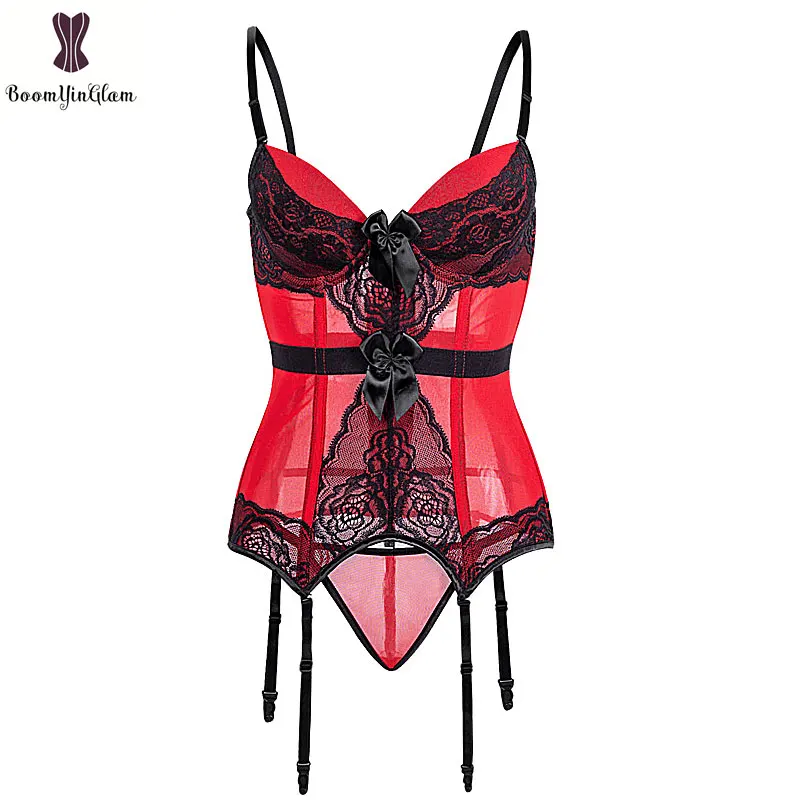 Wholesale Cheapest Sexi Corset Lingerie Lace Transparent Padded Cup Bustier Lingeries Top Suspender Belt Straps Underwear Korse - Цвет: red