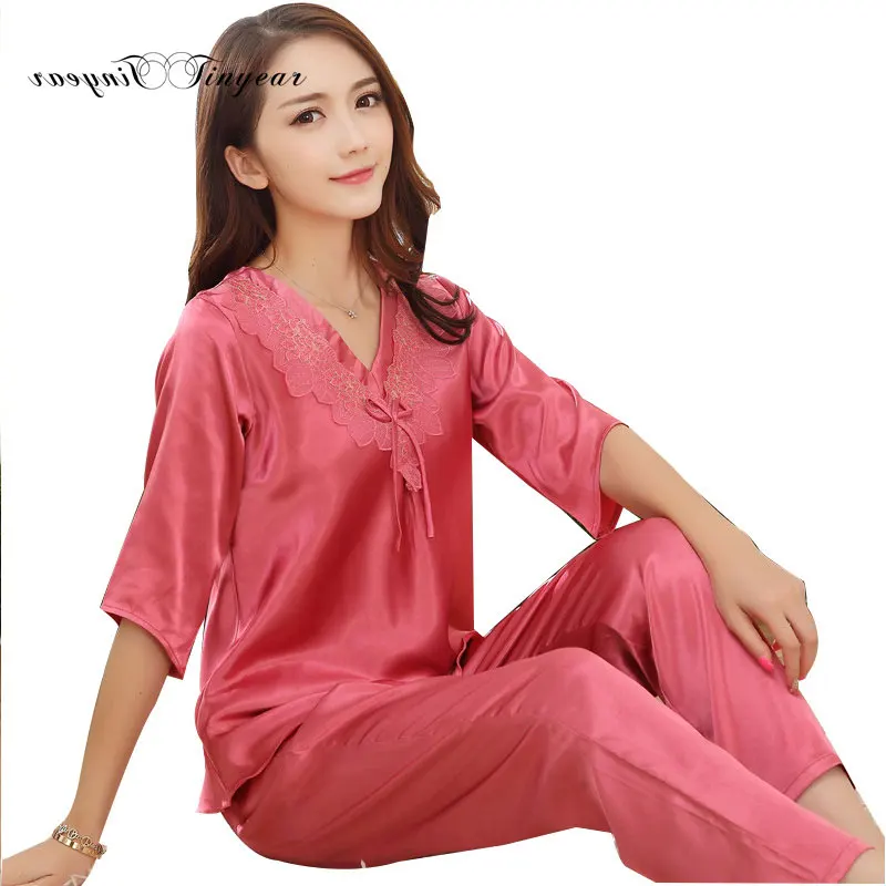 Good quality satin pajamas big size L XXXL half sleeve floral lace v