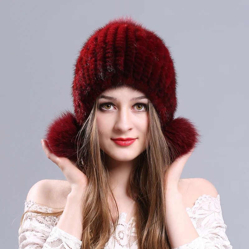 Осень-зима, женская шапка из натурального меха норки, шапка бини, вязаная шапка с ушками, эластичная шапка, толстая шапка для девочек в русском стиле