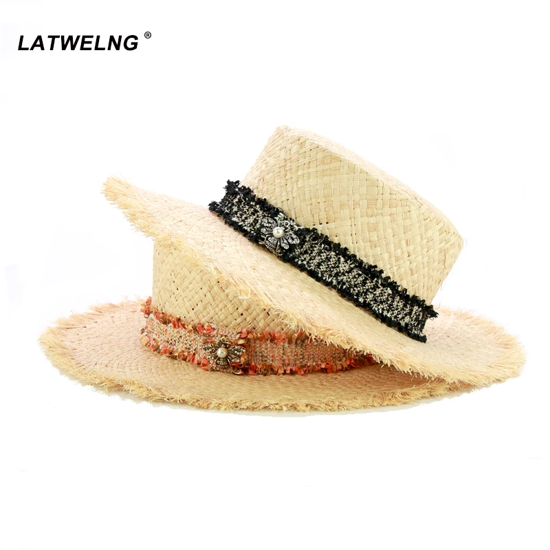 

2020 Original Design Tweed Belt Raffia Beach Hats For Women New Fashion Bee Straw Sun Hat Ladies Summer Visor Caps Wholesale