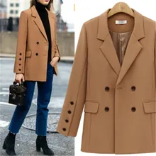 Осень-зима костюм Блейзер Для женщин Повседневное двубортный карман женские куртки элегантный длинный рукав пиджак верхняя одежда