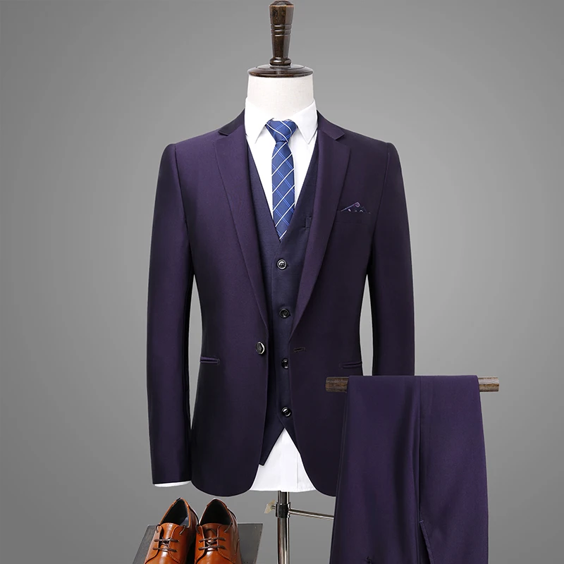 Top Quliaty 2019 New Men Business Suit Slim fit Classic Pure Male Dress Suits Purple Blazers 3 Pieces/jacket+pants+vests #878