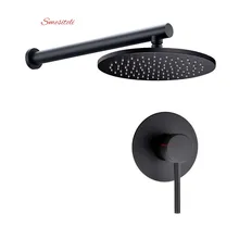 Smesiteli 100% Brass Matte Black 8 Inch Round Rainfall Shower Head +400 MM Straight Wall Arm Set With Mixer Taps Bathroom faucet