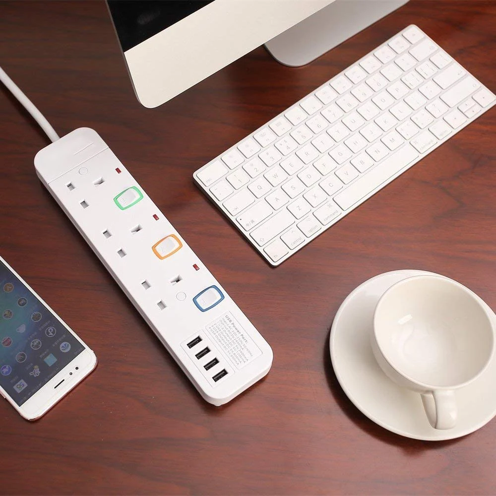 Удлинитель на 3/4/5/6 розеток переменного тока 4 USB порта макс. 3250 А медный удлинитель