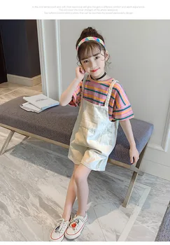 

Fashion new girls cotton comfortable gas t-shirt + bib suit summer children's summer dress big boy striped two-piece explosion
