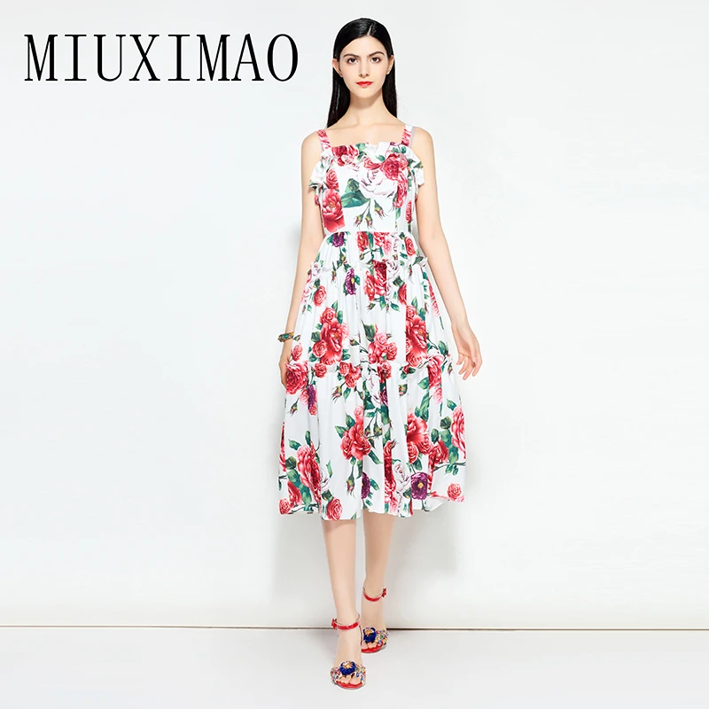 

2018 Spring New Arrival Fashion A-Line Strapless Spaghetti Strap Floral Print Ruffles Casual Elegant Mid-Calf Dress Women