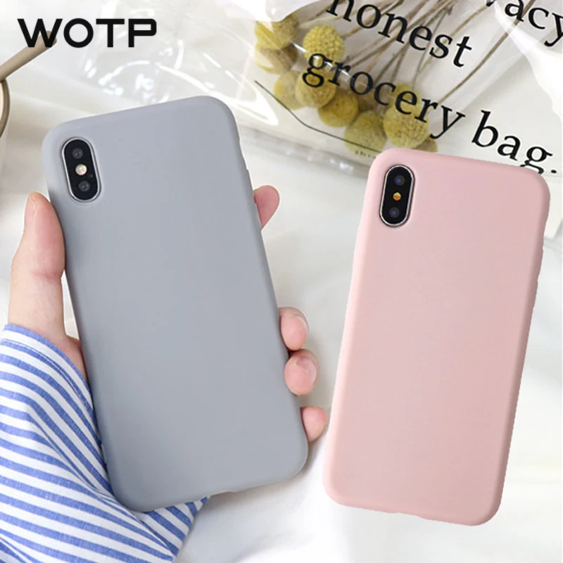 

WOTP Cute Candy Color Solid Phone Case For iphone 6 6S 7 8 Plus Lovely Protective Soft Plain Cases For iphone X Back Cover Coque