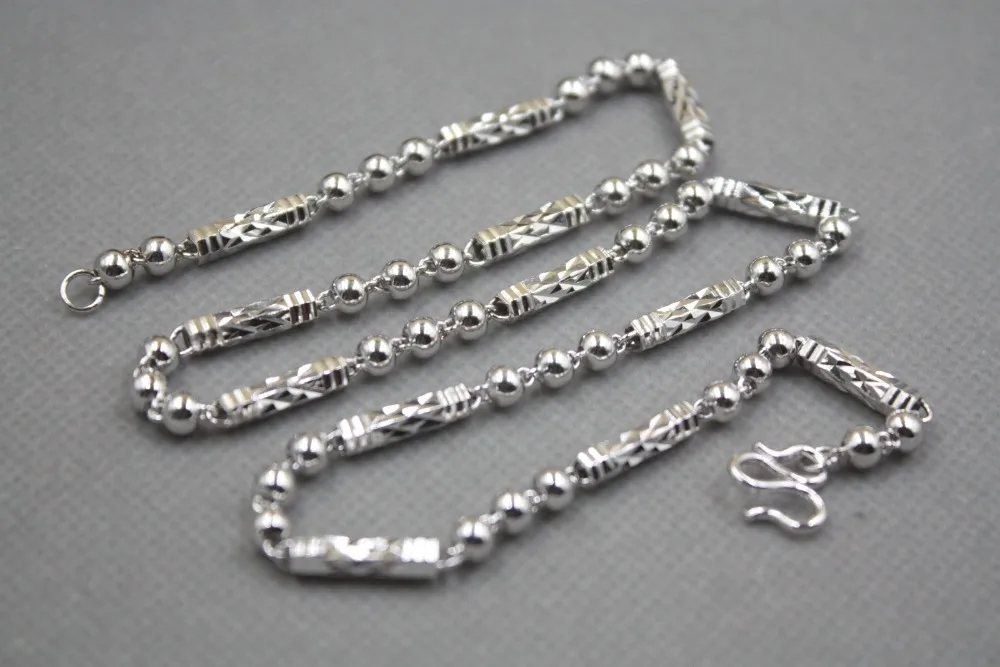 

New Pure S925 Sterling Silver Chain Women Men Carved Bead Link Necklace 18inch