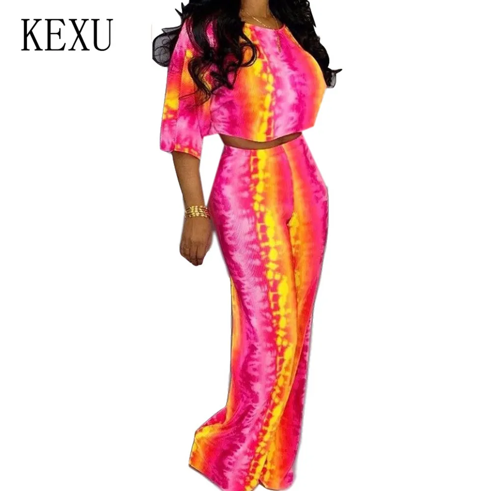 KEXU Retro Tie Dyed 2 Pieces Sets Half Sleeve O Neck Top and Loose Pants Elegant Women Casual Playsuits Femme Summer Mono Mujer KEXU Retro Tie Dyed 2 Pieces Sets Half Sleeve O Neck Top and Loose Pants Elegant Women Casual Playsuits Femme Summer Mono Mujer