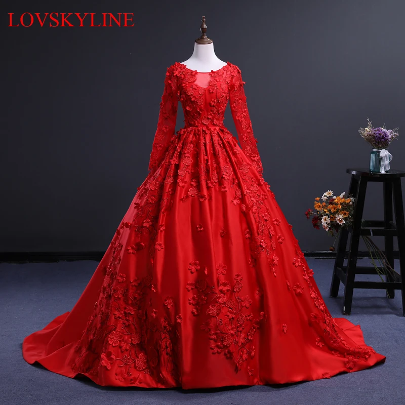 

Appliques Customized Red Wedding dress 2018 New Arrival Spring Summer Long Sleeve Sweet Princess Ball Gowns