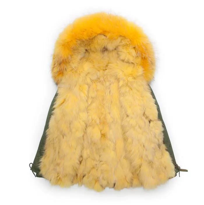 Yellow real fox fur collar lining jacket army green male fox fur parka men winter warm coat