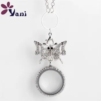 

10pcs/lot Crystal Butterfly Pendant Necklace with 30mm Locket Necklace Floating Locket Necklace for Women