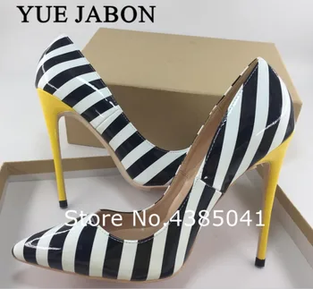 

YUE JABON 2019 New Arrival Women Zebra Black White Stripe Elegant high heels Wedding Shoe 35-43 Big Size Yellow Heels Nice Shoes
