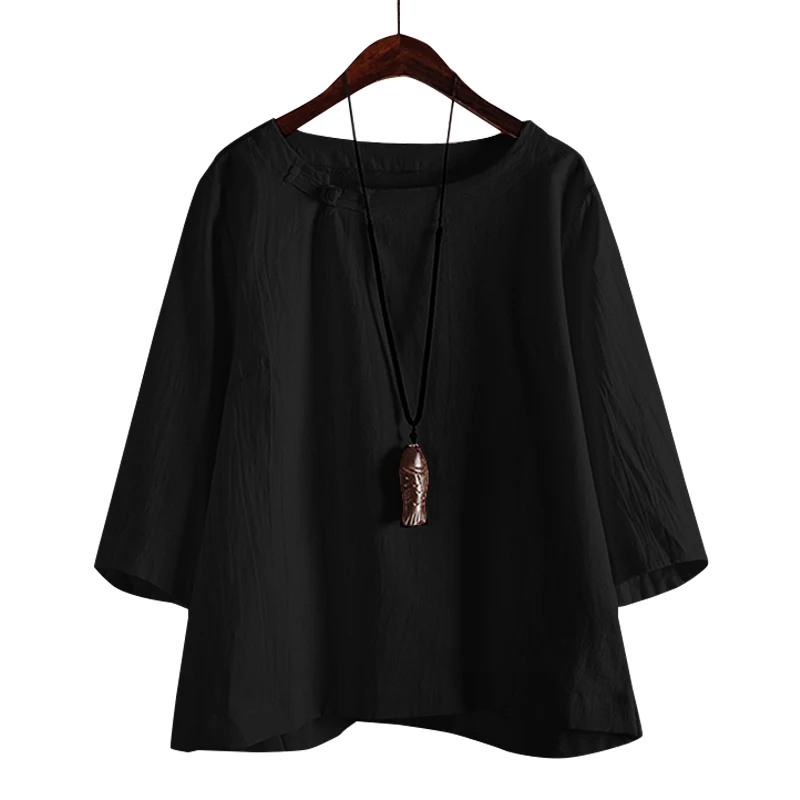 Черный ZANZEA, женская рубашка, блузка, Ретро стиль, на одной пуговице, Blusas, для девушек, повседневная, хлопок, туника, топы, для работы, офиса, рубашки, женская одежда размера плюс - Цвет: Черный
