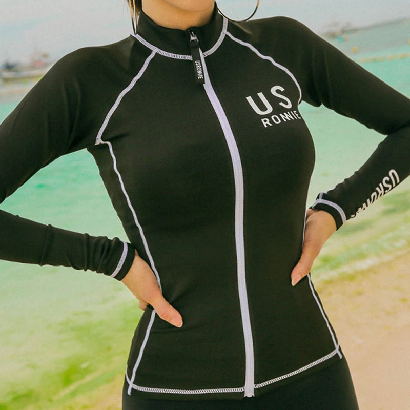 Набор из 4 шт., женские рашгарды, черная молния, спереди, для серфинга, купальник, рашгарды, защита от солнца, одежда для плавания, костюмы для йоги