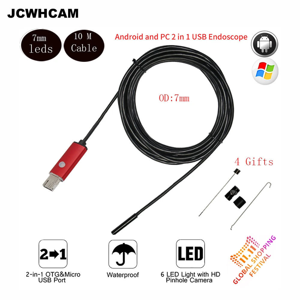 Jcwhcam 7 мм Len USB эндоскопа Камера змея трубой Водонепроницаемый USB endoskop автоинспекции бороскоп эндоскопа Камера Android