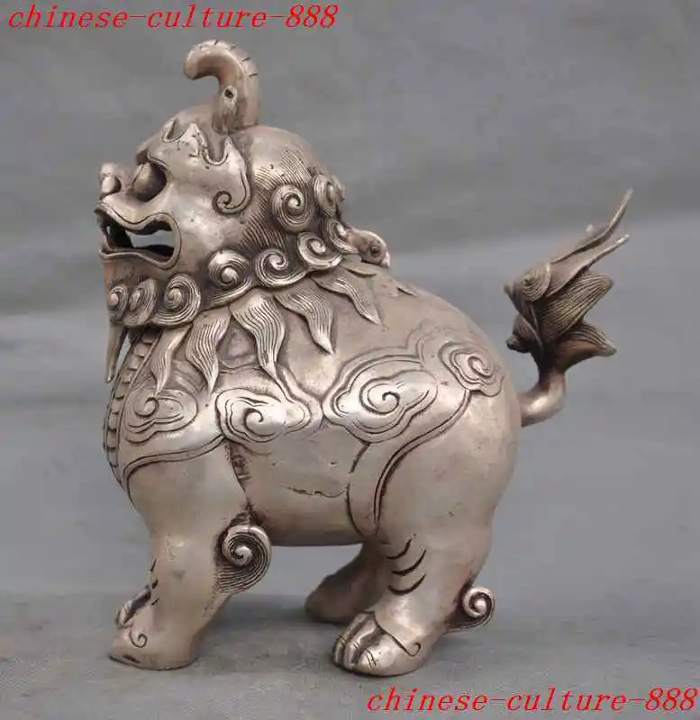 Crafts statue Old Chinese fengshui silver foo dog lion beast Incense Burner Censer halloween | Дом и сад