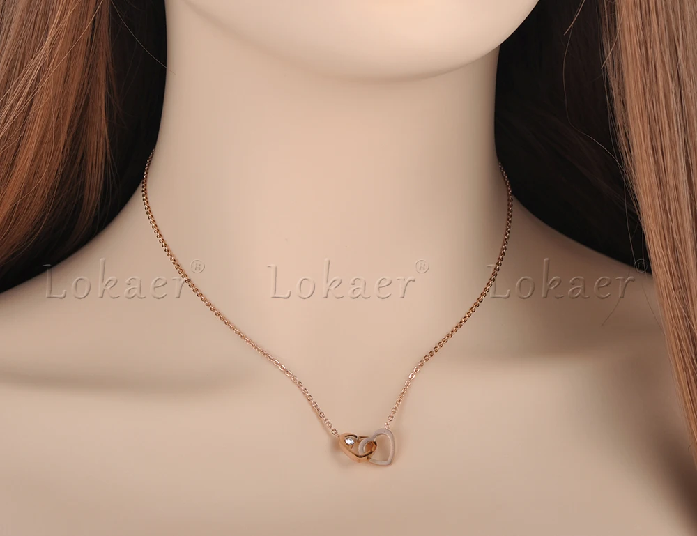 Lokaer двойной сердце, кубический циркон цепи и Соединенные ожерелья Jewelry Титан Сталь розовое золото Чокеры Цепочки и ожерелья для Для женщин N18058