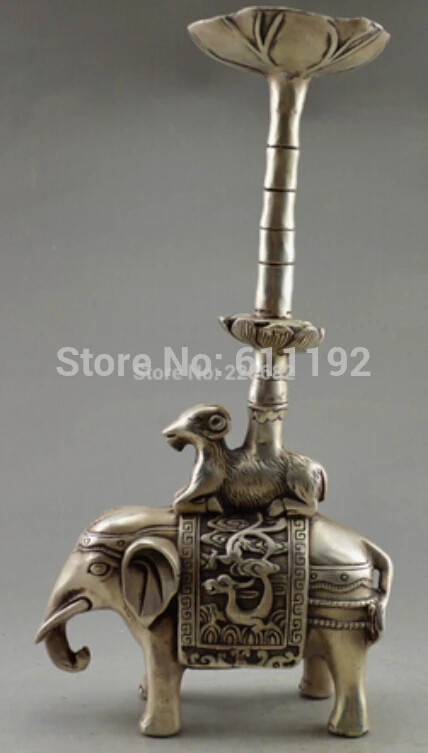 

Collectible Decorate Old Handwork Tibet Silver Carve Elephant Sheep statue Candle Holder metal crafts