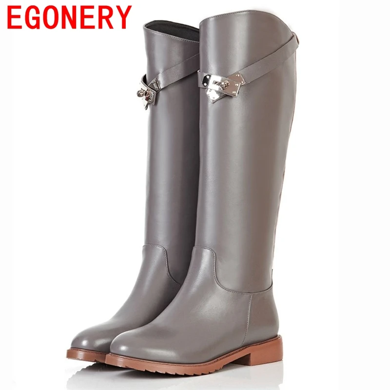 EGONERY shoes 2017 woman knee high boots round toe winter fashion riding motorcycle boots women outdoor shoes short plush