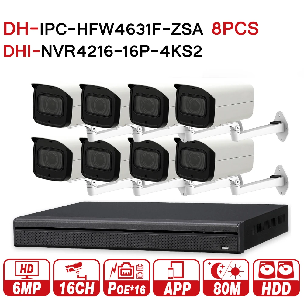 DH Security CCTV System 8PCS 6MP POE Zoom IP Camera IPC-HFW4631F-ZSA 16POE 4K NVR NVR4216-16P-4KS2 Surveillance Kit | Безопасность и