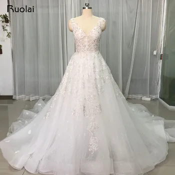 شراءفساتين زفاف فاخرة 2019 الخامس الرقبة ثوب زفاف قطار طويل شمسيّة دانتيل عالية الجودة مطرز فستان زفاف Vestido De Noiva RW25