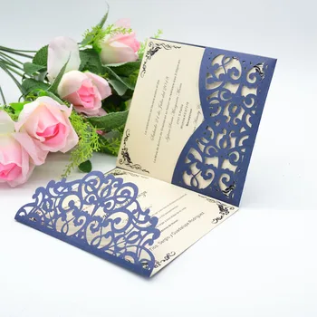 

Tri- folding luxury romantic unique navy blue laser cut wedding invitation card