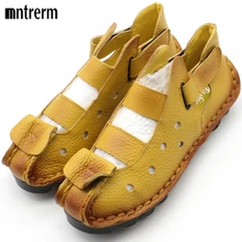 2016 Summer New Soft Bottom Flat Leather Shoes Personality Casual Women Sandals Tunnel Vintage Handmade Sandals For spring 2016