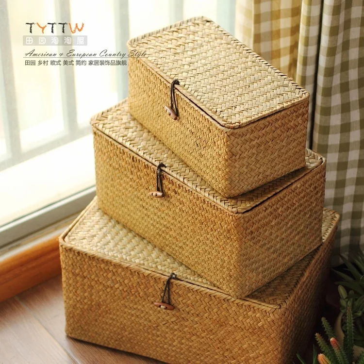 Storage Box Natural Straw 3 Pieces Biggest One 36.5*19*24CMin Storage