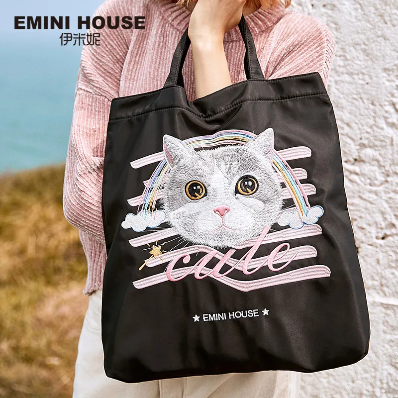 

EMINI HOUSE Nylon Reusable Shopping bag Roomy Embroidery Cute Cat Pattern Tote Bag For Women 2018 Handbag Waterproof Bag