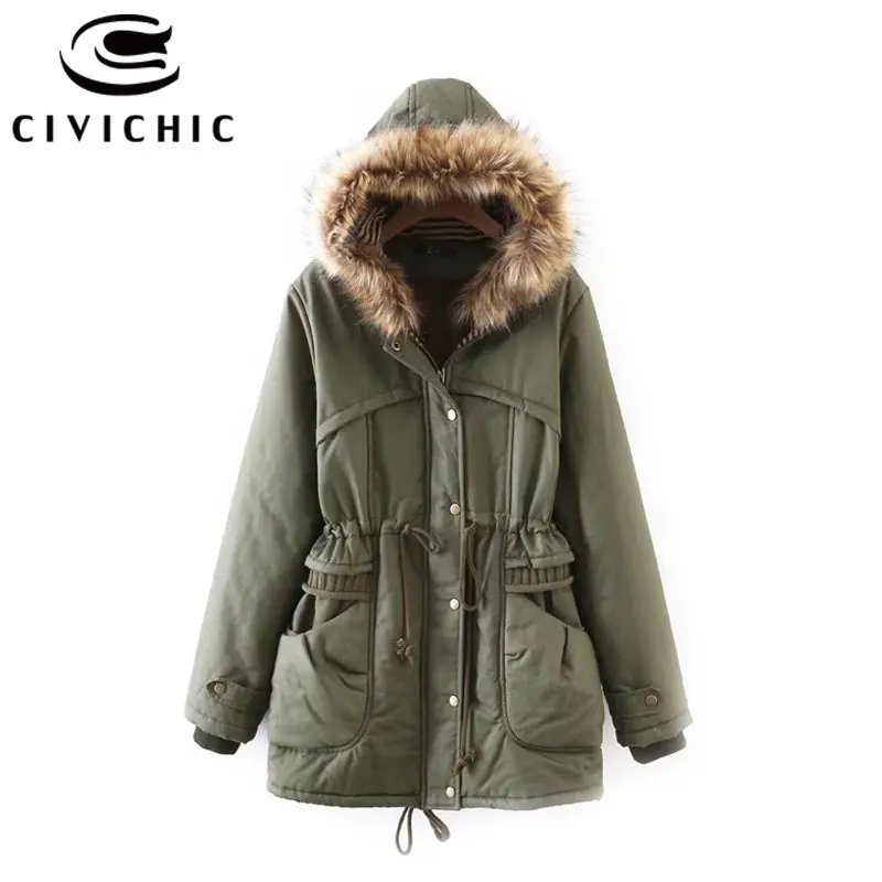 

CIVICHIC New Fashion Women Warm Fur Collar Parka Winter Slim Hooded Jacket Mid Long Fleece Coat Drawstring Sack Pocket Wear DC16
