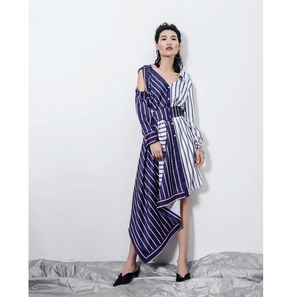 

European Style High Street Hollow Out Shoulder Striped Color Block Irregular Lap Shirt Pattern Dress With Belt FS0709