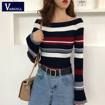 

Vangull Knitted Women Sweater Autumn New chic Retro Pullovers 2019 Spring Slash neck Long sleeve Flare Sleeve Stripes Sweaters