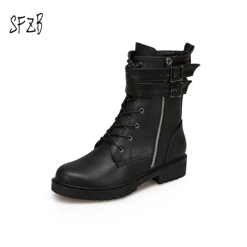 

SFZB new product winter college women's boots wild flat with buckle round toe black and white ankle boots large size shoes