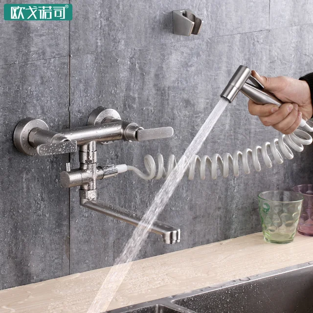 Best Offers Wall set kitchen faucet double handle mixing water tap for sink