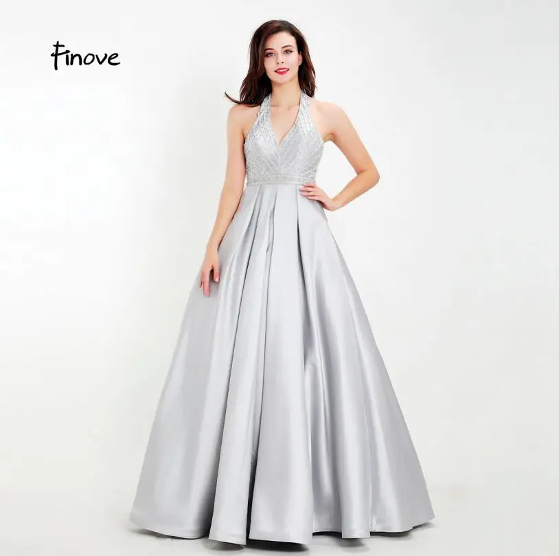 Finove, шикарное платье для выпускного вечера, длинное,, светоотражающее платье, для выпускного вечера, сексуальное, с бретелькой через шею, ТРАПЕЦИЕВИДНОЕ, с открытой спиной, полностью Расшитое Бисером, атласная Женская одежда - Цвет: Gray