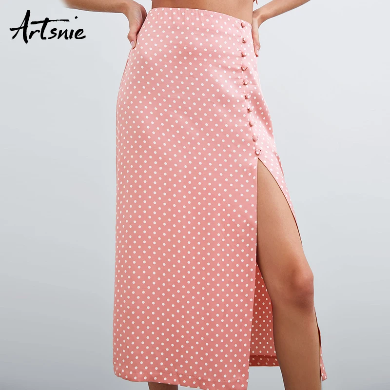 

Artsnie high waist pink dot split sexy women skirt summer 2019 button elegant beach party maxi long girls A line skirts mujer
