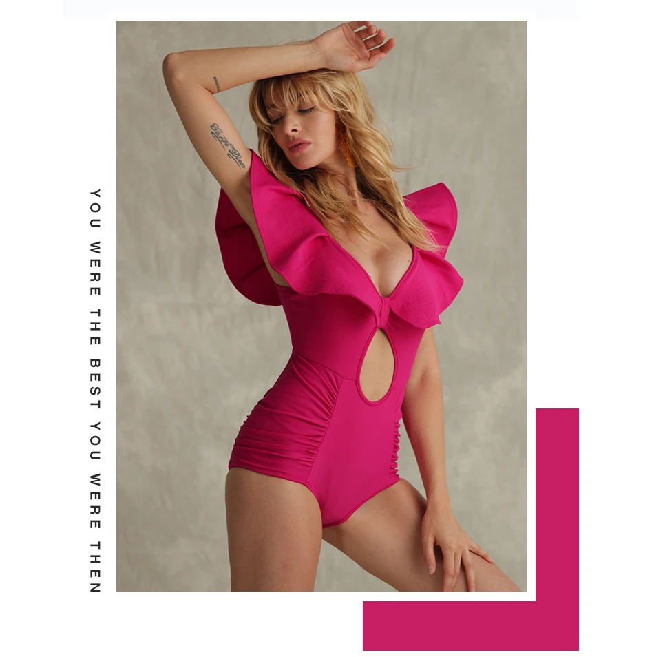 LEBESI Новое поступление розовый цельный купальник для женщин Falbala купальный костюм Сексуальные Глубокий V купальные костюмы