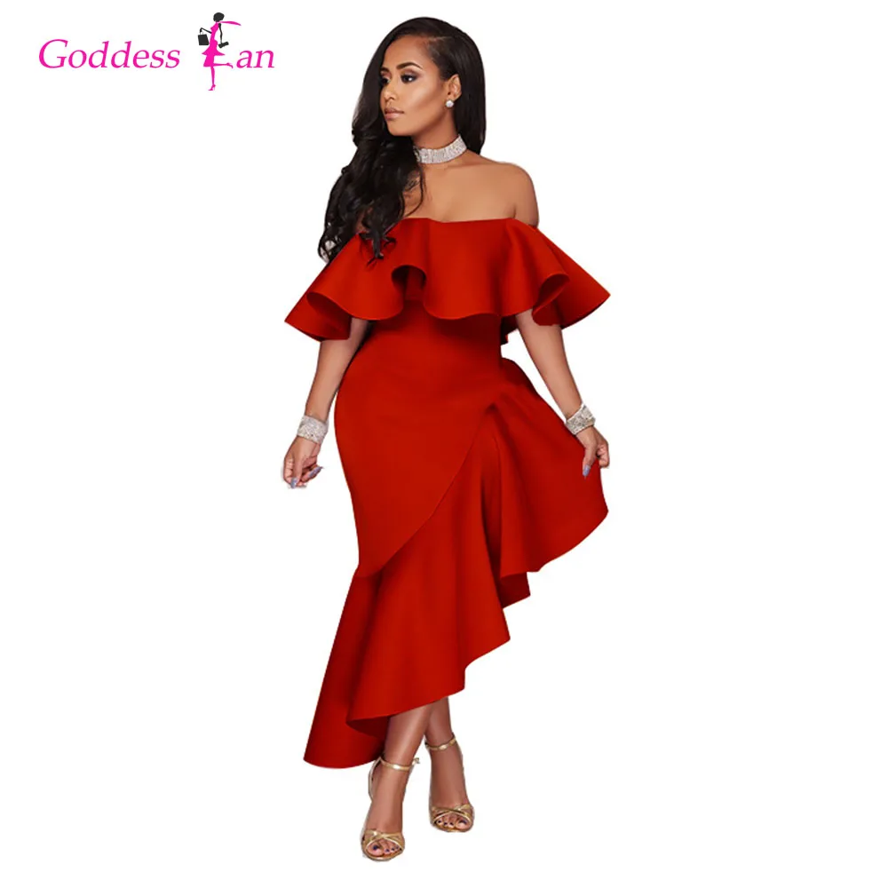

Women's New 2018 Slash Neck Ruffles Irregular Solid Color Yellow Red Black Lady Plus Size Dress Female Sexy Dresses